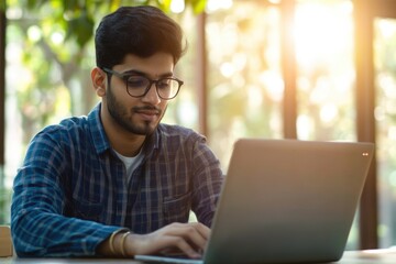  - Man sitting at a table using a laptop computer, perfect for office or home use