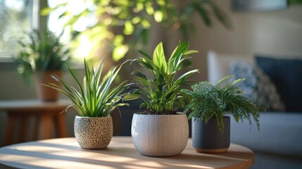 Poster - Three potted plants sit on a coffee table in a cozy living room setting