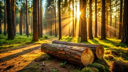 Aufkleber - Golden rays of sunlight pierce through the dense canopy of a pine forest, illuminating a path leading to two felled logs resting on a bed of moss.