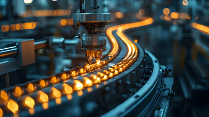 Poster - High-tech manufacturing process with illuminated conveyor belt in factory