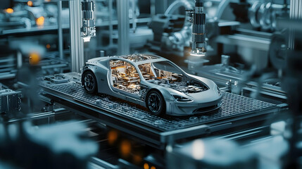 Poster - Futuristic assembly line showcasing a detailed cutaway model of an electric car