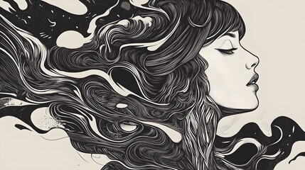 Poster - Alluring Wind Swept Portrait of Mystical Feminine Beauty with Flowing Hair in Surreal Atmosphere