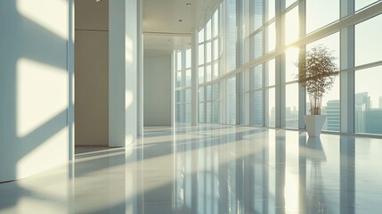 Empty modern office space with large windows letting in sunlight and a single plant in a white pot