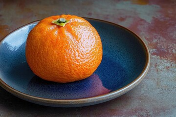 Poster - A single orange sits on a blue plate on a table