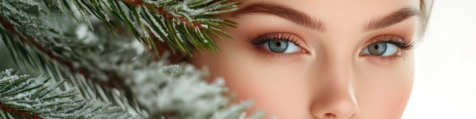Poster - Portrait of a woman's face partially hidden by a tree branch, with a natural setting