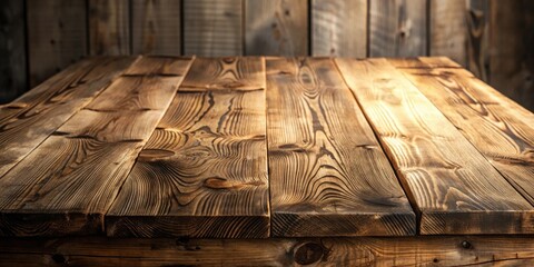 Fototapete - rustic wooden table top with warm natural light and blurred wood background