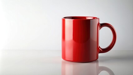 Poster - A single red ceramic mug with a handle sits on a white surface, reflecting light in a minimalist style.