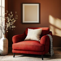 Poster - Cozy living room featuring modern red armchair patterned plaid draped over it a vase with fresh flowers and a mockup poster frame on the brown wall creating an inviting atmosphere Template