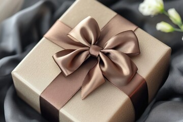 Wall Mural - A beautifully presented gift box wrapped in a brown ribbon and adorned with a single flower