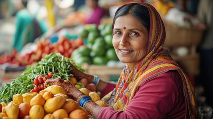Poster - A woman standing next to a pile of fresh fruit