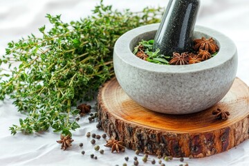 Aufkleber - A traditional mortar filled with various herbs and spices, perfect for use in cooking or as a decorative piece