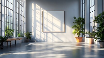 Poster - Bright and Airy Minimalist Interior with Large Windows and Potted Plants