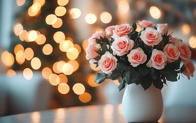 Canvas Print - Peach roses in vase, bokeh lights background.