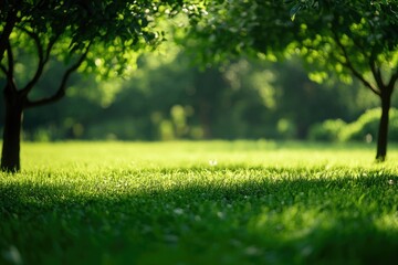 Poster - A serene image of a green lawn with trees in the background, perfect for use in nature-inspired designs or as a peaceful backdrop