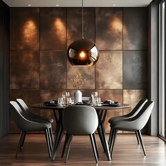 Poster - Cozy modern dining room featuring home mock up in the background Textured wall panels contrast sleek dining furniture Subtle lighting creates warmth in this detailed 3D render