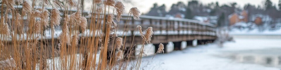 Poster - A serene winter scene featuring a bridge over a frozen lake or river with snow-covered surroundings