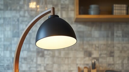 Poster - A simple desk setup with a black lamp sitting on a wooden table