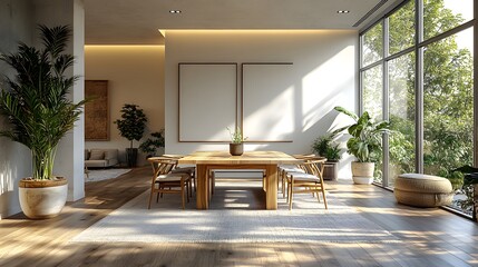 Poster - Cozy modern dining room a home mock up on the wall Minimalist wooden table and sleek chairs Soft lighting casts shadows on neutral walls 3D render highlighting elegant yet simple decor