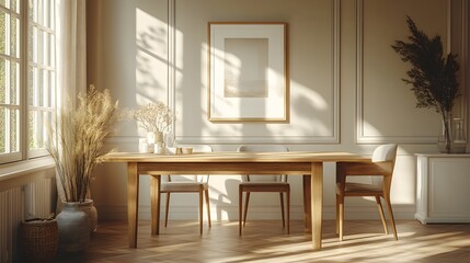Poster - Cozy modern dining room a home mock up on the wall Minimalist wooden table and sleek chairs Soft lighting casts shadows on neutral walls 3D render highlighting elegant yet simple decor