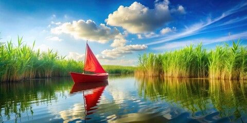 Poster - A red sailboat glides through tranquil waters, surrounded by lush green reeds and a vibrant blue sky dotted with fluffy clouds.