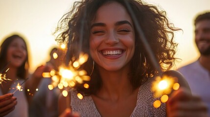 Poster - Group of people holding sparklers, perfect for celebratory or party scenes