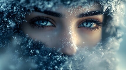 Fototapete - Captivating Winter Scene with Intense Blue Eyes Peering Through Icy Snowflakes