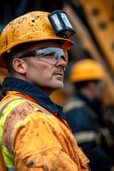 Poster - A construction worker wearing a hard hat and safety glasses on a building site