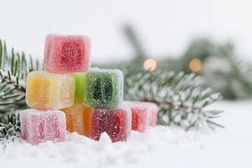 Poster - A colorful pile of candy sits atop a snowy surface, perfect for winter-themed designs or illustrations