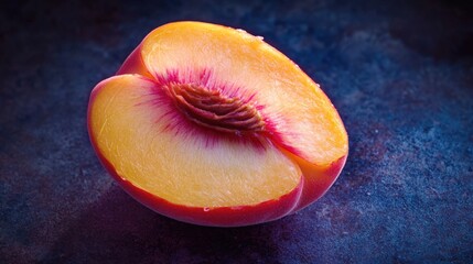 Poster - Fresh peach sliced in half on a wooden table, perfect for photography or cooking illustration