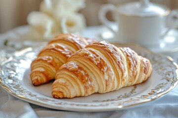 Poster - Freshly baked croissants served on a clean white plate, perfect for breakfast or brunch