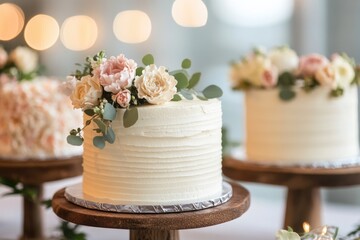 Poster - Beautifully decorated wedding cakes with flowers on top, perfect for a romantic celebration
