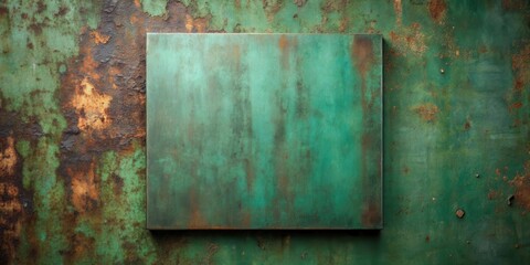 Poster - A smooth green metal plate on a weathered rusty surface with aged, distressed, and corroded texture