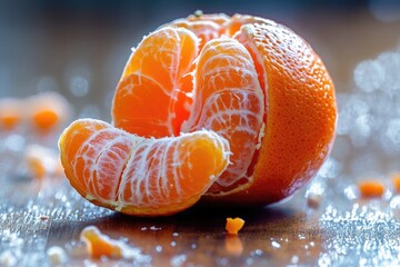 Poster - A fresh peeled orange sitting on a wooden table, ready for use or decoration