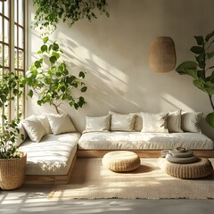 Poster - Cozy neutraltoned living room decorated natural materials and vibrant green plants viewed from a frontal angle to highlight the peaceful atmosphere and harmonious design
