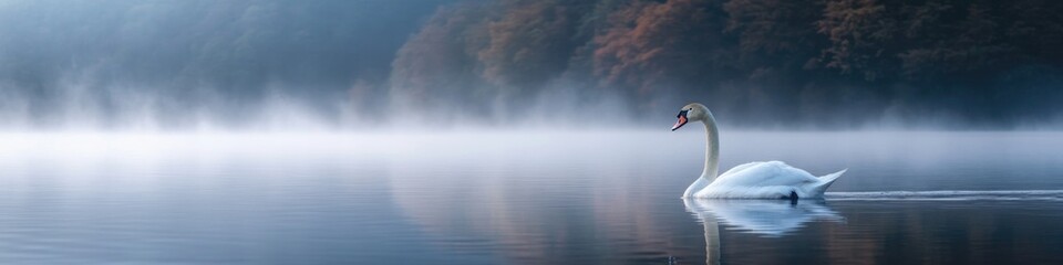 Wall Mural - A majestic white swan floats peacefully on the surface of a serene lake, surrounded by lush vegetation