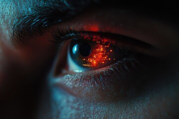 Aufkleber - A close-up view of a person's eye featuring a bright red dot, perfect for representing alertness or attention