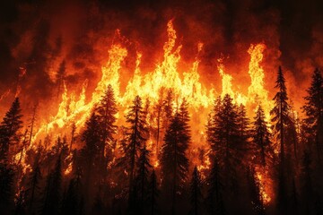 Poster - A dense forest consumed by a massive wildfire with flames towering above the treetops, suggesting a catastrophic event