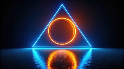 Poster - A glowing blue triangle frame with an orange ring inside, reflected in a dark water surface.