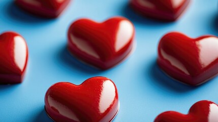 Poster - A collection of bright red hearts arranged on a calm blue surface, suitable for love-themed projects and designs