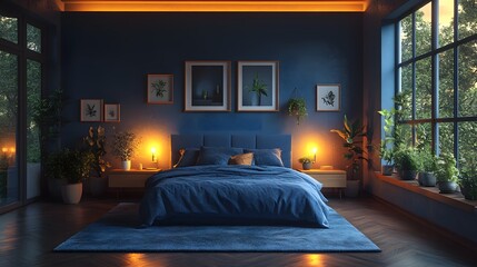 Poster - Dark blue bedroom interior a home mockup on the wall Soft textures and contemporary furniture create a welcoming space Beautifully arranged decor elements enhance the cozy feel in this 3D render