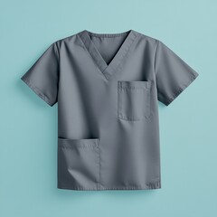 Poster - A close-up of a grey scrub top with a pocket on a blue background, suitable for medical or healthcare use