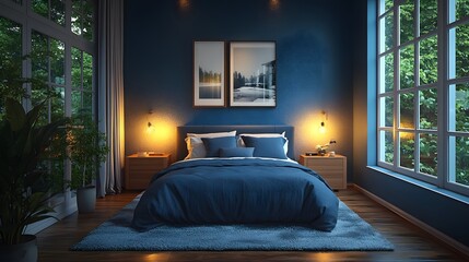 Poster - Dark blue bedroom interior a home mockup on the wall Soft textures and contemporary furniture create a welcoming space Beautifully arranged decor elements enhance the cozy feel in this 3D render
