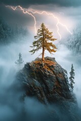 Poster - A single tree stands atop a mountain, lit by a dramatic lightning bolt