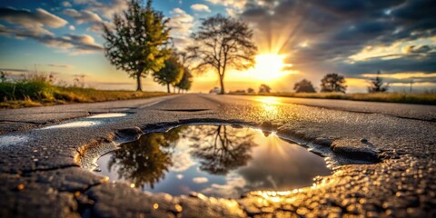 Poster - A golden sunset reflected in a puddle on a cracked asphalt road lined by trees