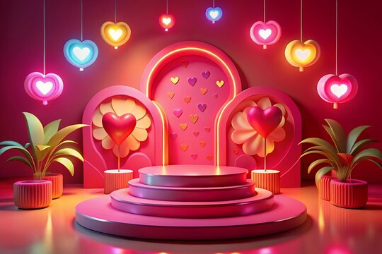 Valentine's Day with Podium and Heart of 3D for pink love background