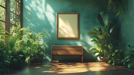 Poster - Dark green home interior featuring chic commode with a Mockup frame standing above Plants surrounding the setup add organic feel Natural light brightens the scene in this 3D render