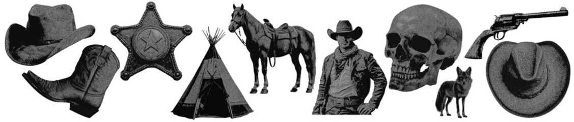 Wall Mural - Set of wild west cowboy western vintage halftone grunge vector design elements