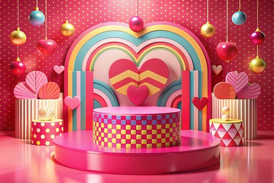 Valentine's Day with Podium and Heart of 3D for pink love background