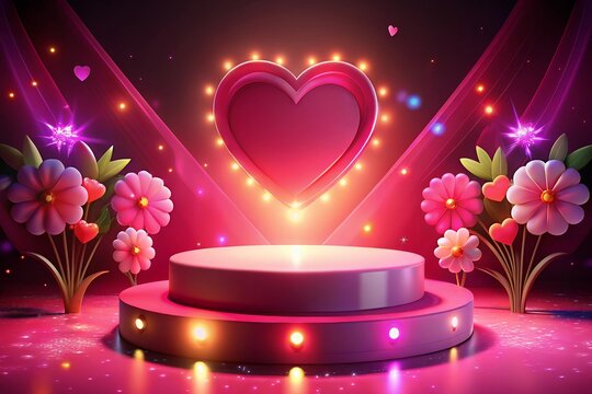 Valentine's Day with Podium and Heart of 3D for pink love background