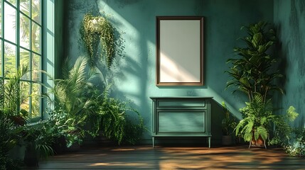 Fototapete - Dark green home interior featuring chic commode with a Mockup frame standing above Plants surrounding the setup add organic feel Natural light brightens the scene in this 3D render